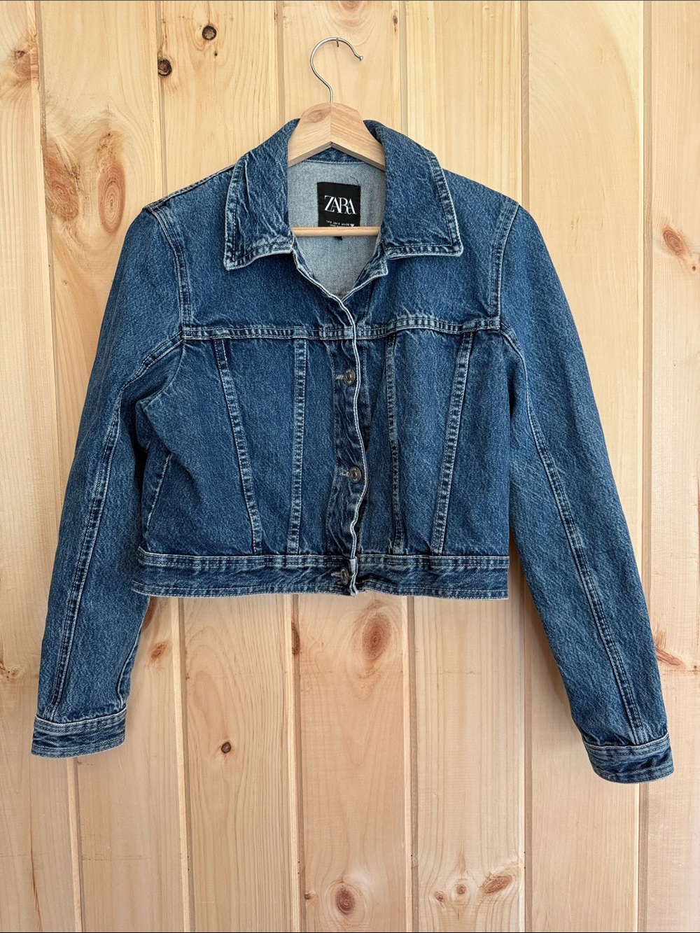 Zara Cropped Denim Jacket Classic Blue Wash Size Small EUC